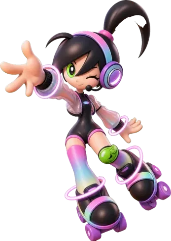 Roller Girl, a roller-skating rival wearing headphones
