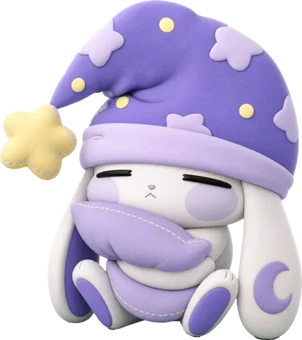 A sleepy rabbit in a star hat hugging a pillow
