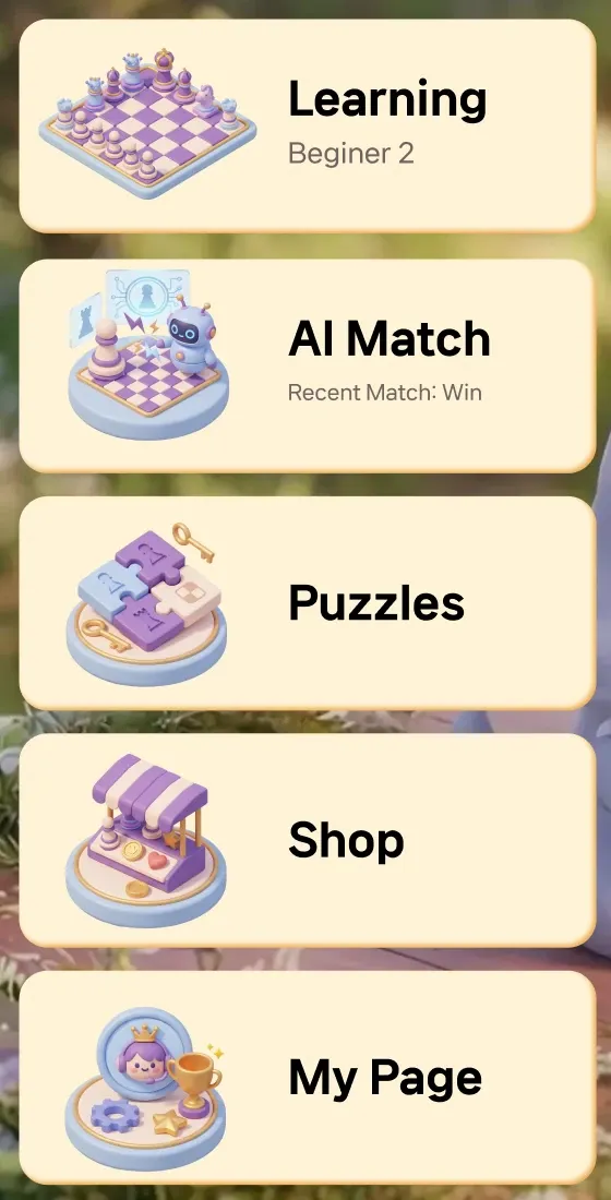 Home menu buttons: Learning, AI Match, Puzzles, Shop and My Page