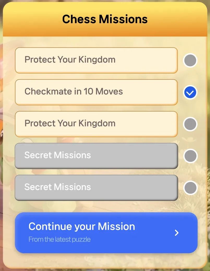 Chess Missions list with Protect Your Kingdom, Checkmate in 10 Moves and two secret missions