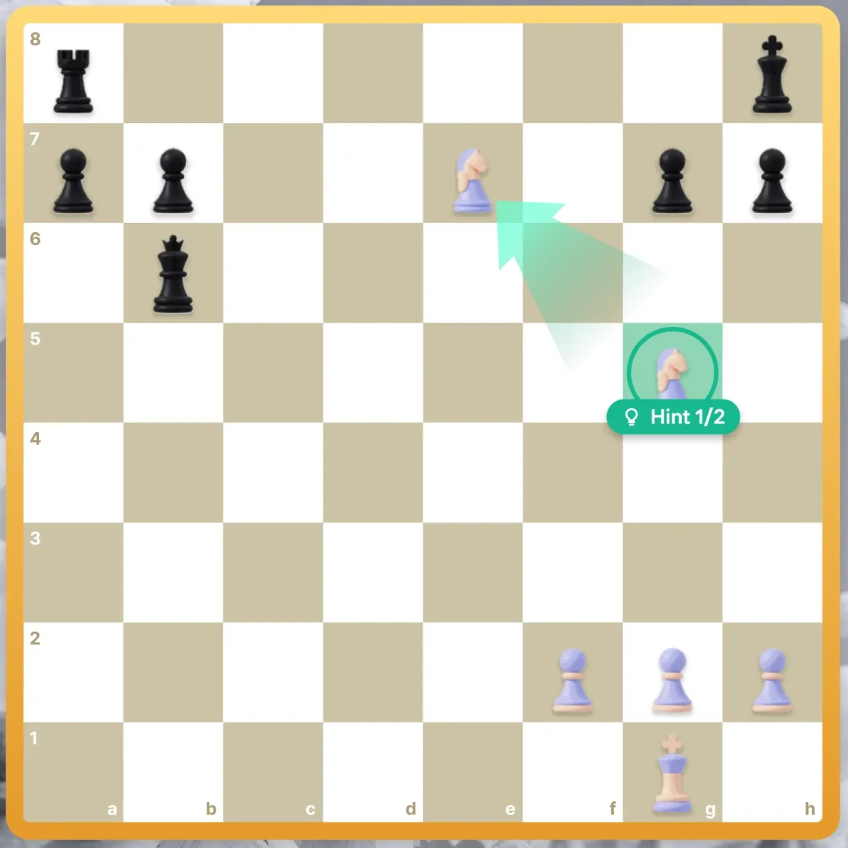 A chess puzzle board with a knight hint arrow