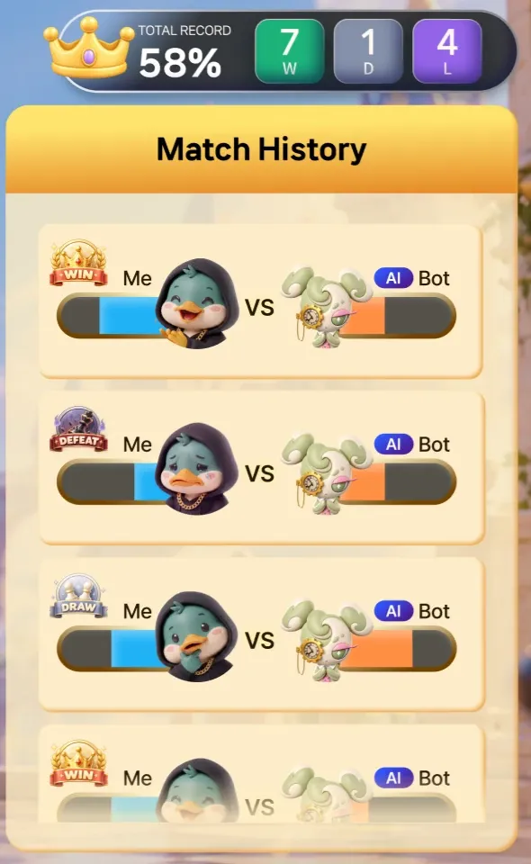 Match history panel with a 58% total record: 7 wins, 1 draw and 4 losses