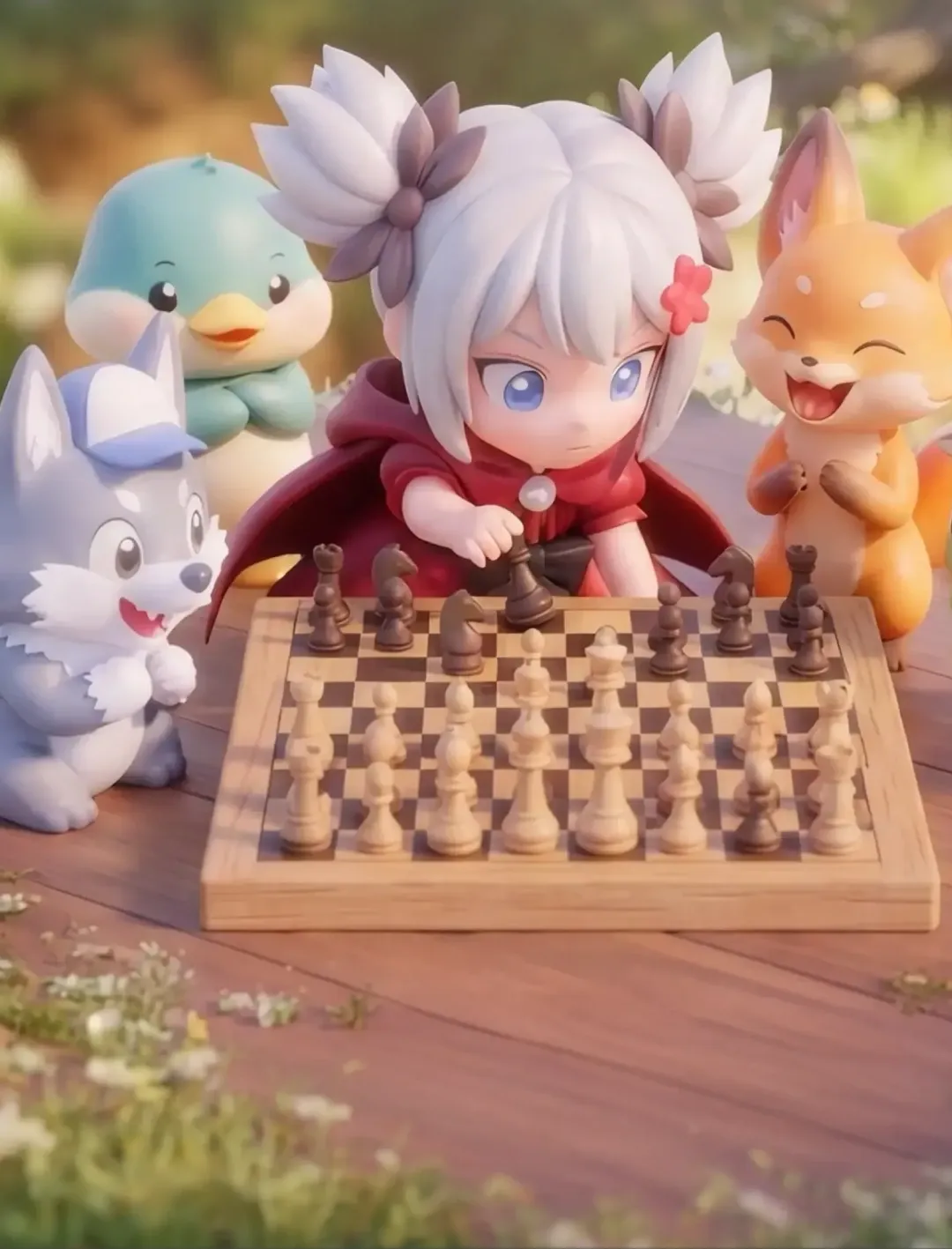 A girl in a red cape playing chess in the forest with her animal friends