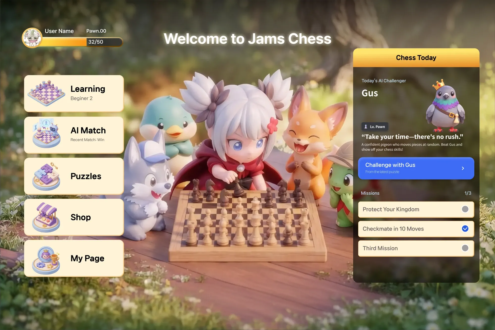 The JamsChess home screen with Chess Today and Gus, today’s AI challenger