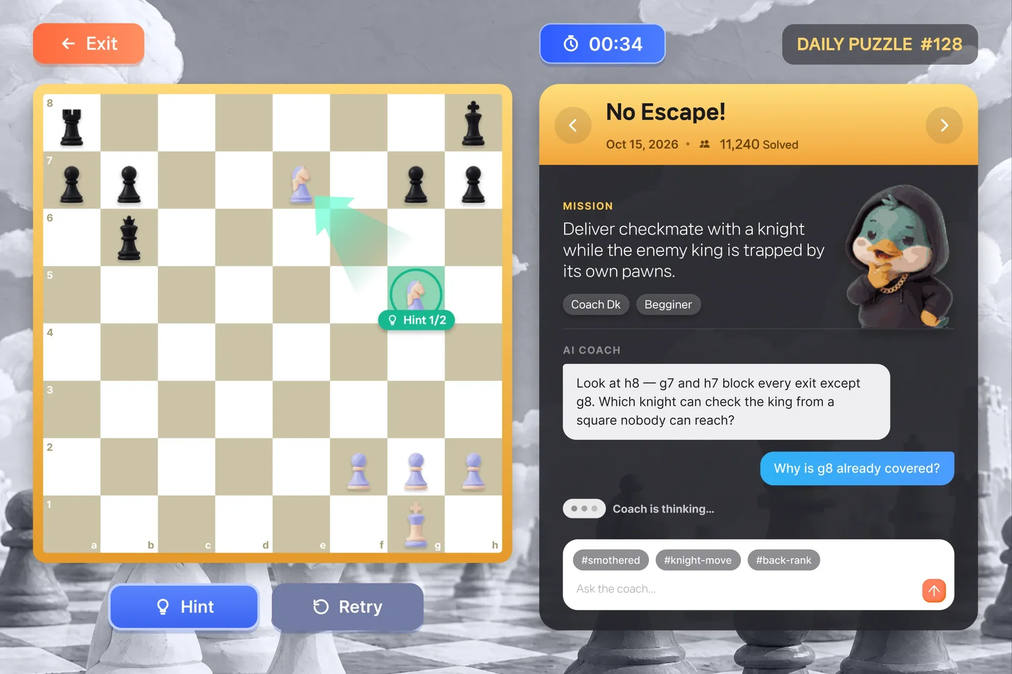 Daily puzzle screen with a chess board and an AI coach chat