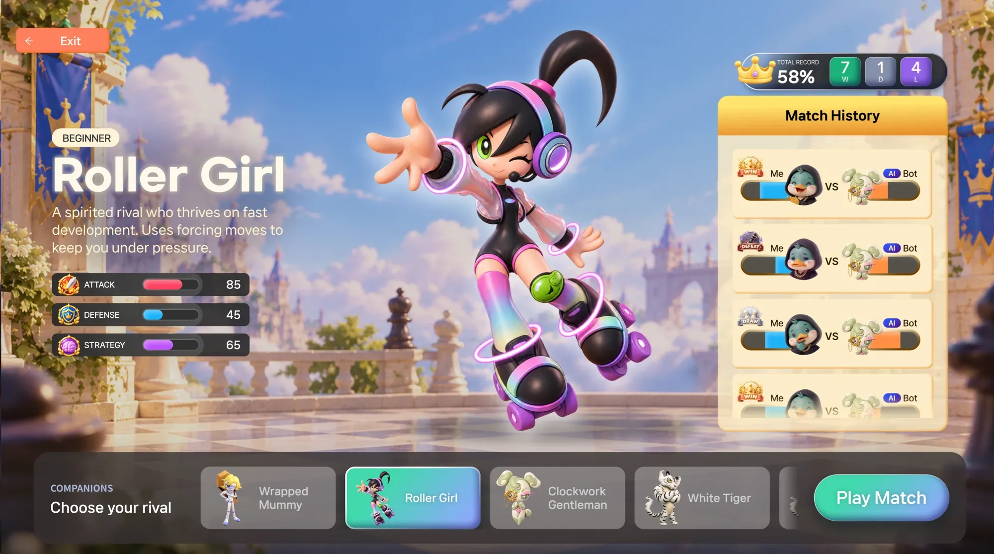 Rival profile screen showing Roller Girl with her attack, defense and strategy stats